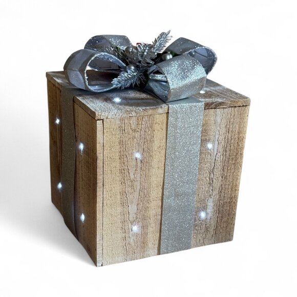 Alpine Christmas Lighted Gift Box Set 3 Pcs Wood Silver Ribbon Led Holiday Decor - Picture 2 of 8